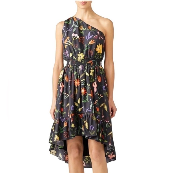 Slate & Willow Black Floral Print One-Shoulder Hi-Low Ruffle Hem Dress Size 2 - Picture 1 of 11